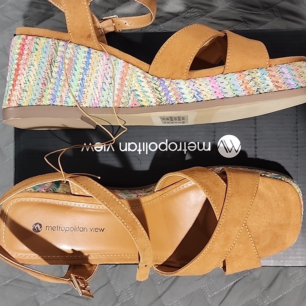 Metropolitan View Tan Wedges with Colorful Accents